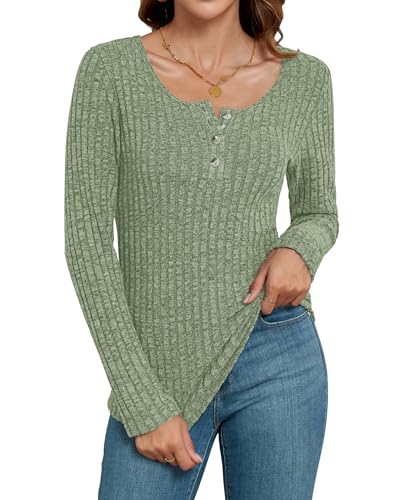 WNEEDU Pullover Damen Slim Langarmshirts Damen Lässige Strickpullover Herbest Henley Shirts 2025 Knopf Oberteile Erbsengrün XL von WNEEDU
