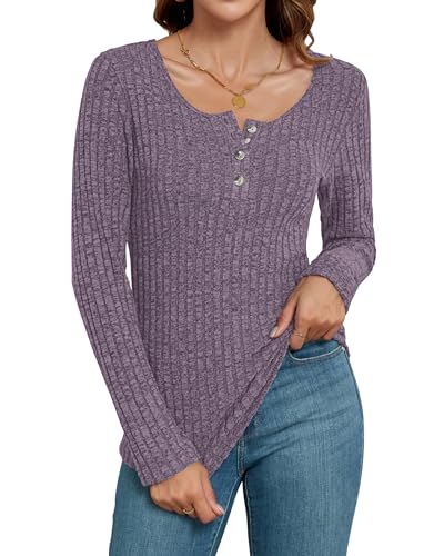 WNEEDU Pullover Damen Slim Langarmshirts Damen Lässige Strickpullover Herbest Henley Shirts 2025 Knopf Oberteile Lila M von WNEEDU