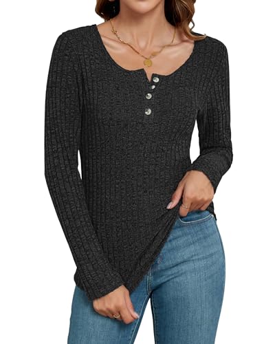 WNEEDU Pullover Damen Slim Langarmshirts Damen Lässige Strickpullover Herbest Henley Shirts 2025 Knopf Oberteile Schwarz M von WNEEDU