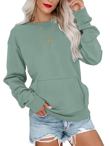 WNEEDU Langarmshirts Damen Lockeres Oberteile Langärmeliges Sweatshirt Lässig Bluse Damen mit Känguru Tasche Grün 3XL von WNEEDU