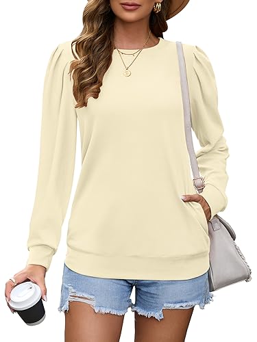 WNEEDU Langarmshirts für Damen Rundhalsausschnitt Plissee Ärmel Oberteile Langärmeliges Sweatshirt mit Taschen Beige M von WNEEDU