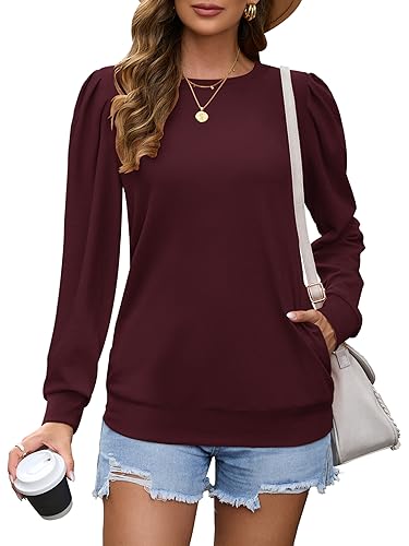 WNEEDU Langarmshirts für Damen Rundhalsausschnitt Plissee Ärmel Oberteile Langärmeliges Sweatshirt mit Taschen Burgunderrot XXL von WNEEDU