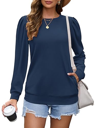 WNEEDU Langarmshirts für Damen Rundhalsausschnitt Plissee Ärmel Oberteile Langärmeliges Sweatshirt mit Taschen Dunkelblau XXL von WNEEDU