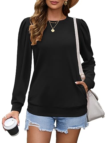 WNEEDU Langarmshirts für Damen Rundhalsausschnitt Plissee Ärmel Oberteile Langärmeliges Sweatshirt mit Taschen Schwarz L von WNEEDU