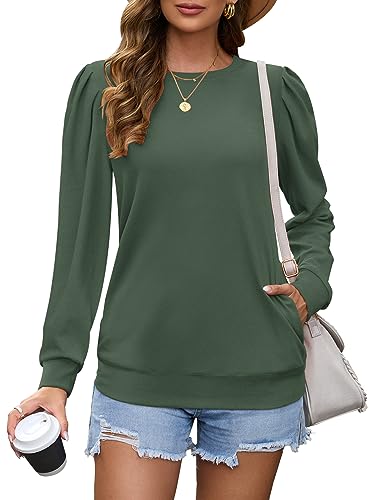 WNEEDU Langarmshirts für Damen Rundhalsausschnitt Pullover Plissee Ärmel Oberteile Langärmeliges Sweatshirt mit Taschen Grüner Wald XXL von WNEEDU