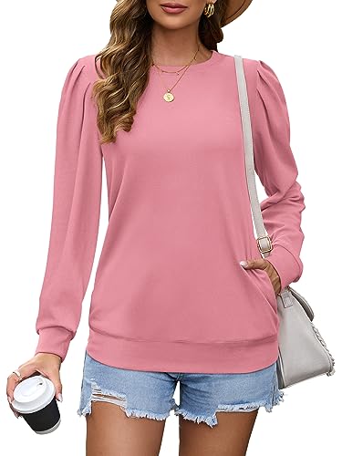 WNEEDU Langarmshirts für Damen Rundhalsausschnitt Pullover Plissee Ärmel Oberteile Langärmeliges Sweatshirt mit Taschen Pfirsich Rosa XL von WNEEDU