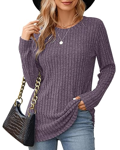 WNEEDU Damen Langarm Tops Leichte Rundhals Sweatshirts Lässige Langarmshirt für Frauen Herbst Strickpullover Winter Sweater Tunika Oberteile Pullover Violett M von WNEEDU