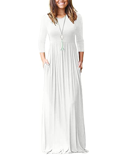WNEEDU Maxikleid Damen Herbst Langarm 3/4 Ärmel Kleid Lang Elegant Mit Taschen Curvy LäSsige Herbstkleid Winterkleid Weiß 2XL von WNEEDU