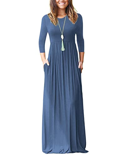 WNEEDU Maxikleid Damen Herbst Langarm 3/4 Ärmel Kleid Lang Elegant Mit Taschen Curvy LäSsige Herbstkleid Winterkleid Beja Blau M von WNEEDU
