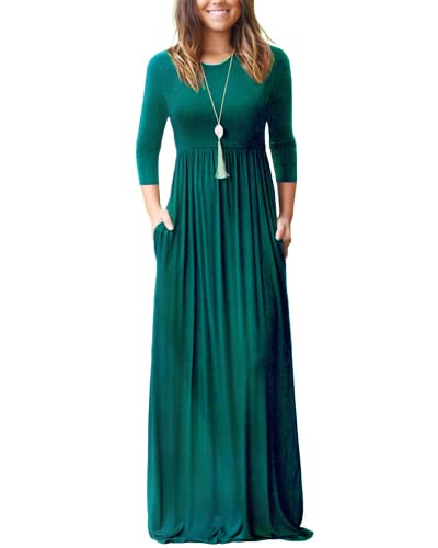WNEEDU Maxikleid Damen Herbst Langarm 3/4 Ärmel Kleid Lang Elegant Mit Taschen Curvy LäSsige Herbstkleid Winterkleid Dunkelgrün 3XL von WNEEDU