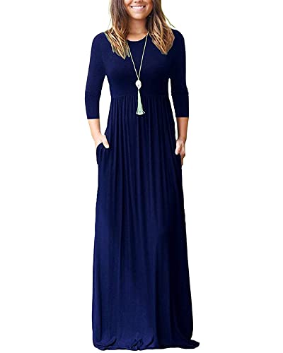 WNEEDU Maxikleid Damen Herbst Langarm 3/4 Ärmel Kleid Lang Elegant Mit Taschen Curvy LäSsige Herbstkleid Winterkleid Marineblau 2XL von WNEEDU