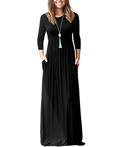 WNEEDU Maxikleid Damen Herbst Langarm 3/4 Ärmel Kleid Lang Elegant Mit Taschen Curvy LäSsige Herbstkleid Winterkleid Schwarz M von WNEEDU