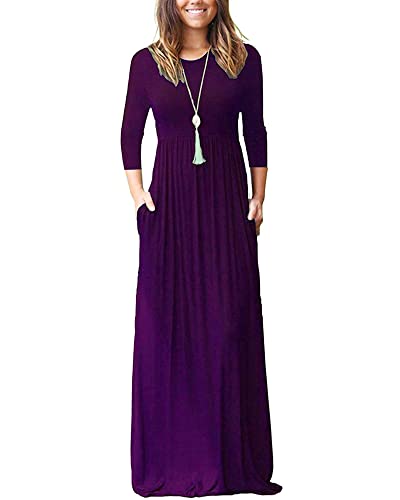 WNEEDU Maxikleid Damen Herbst Langarm 3/4 Ärmel Kleid Lang Elegant Mit Taschen Curvy LäSsige Herbstkleid Winterkleid Lila M von WNEEDU