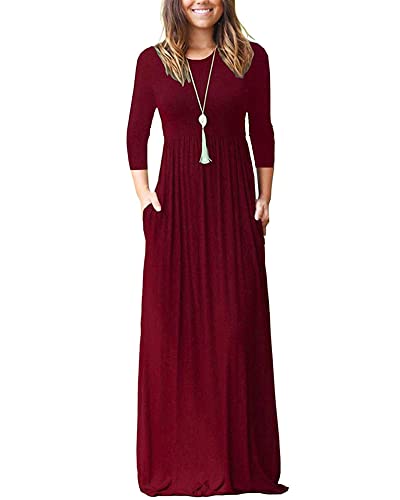 WNEEDU Maxikleid Damen Herbst Langarm 3/4 Ärmel Kleid Lang Elegant Mit Taschen Curvy LäSsige Herbstkleid Winterkleid Weinrot 2XL von WNEEDU