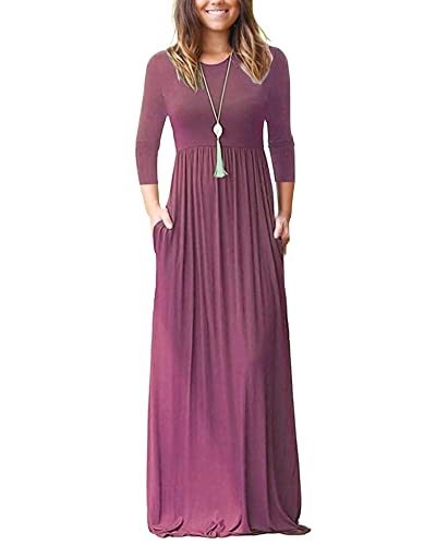 WNEEDU Maxikleider für Damen 3/4 Ärmel Damenkleid Loose Lang Maxi Kleide mit Taschen Herbst Winterkleid für Damen Kleider Lila Lang Female Maxikleid Elegant von WNEEDU