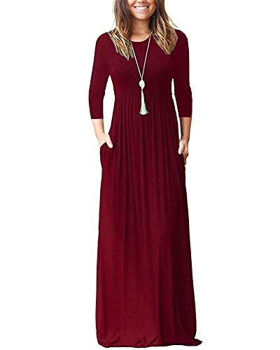 WNEEDU Maxikleider für Damen 3/4 Ärmel Damenkleid Loose Lang Maxi Kleide mit Taschen Herbst Winterkleid für Damen Kleider Rot Lang Female Maxikleid Elegant Große Größe von WNEEDU