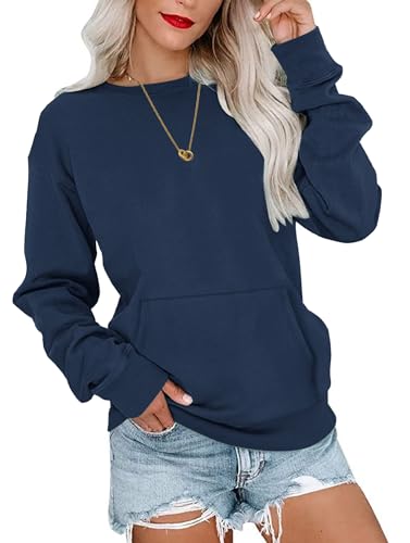 WNEEDU Oberteile Damen Rundhalsausschnitt Herbstkleidung Langärmeliges Sweatshirt mit Känguru Tasche Dunkelblau 2XL von WNEEDU