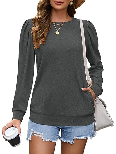 WNEEDU Oberteile Damen Rundhalsausschnitt Langarmshirts Plissee Ärmel Pullover Herbst mit Taschen mit Taschen Grau XL von WNEEDU