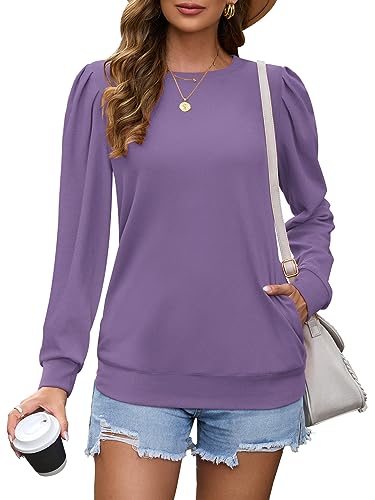 WNEEDU Oberteile Damen Rundhalsausschnitt Langarmshirts Plissee Ärmel Pullover Herbst mit Taschen mit Taschen Violett XXL von WNEEDU