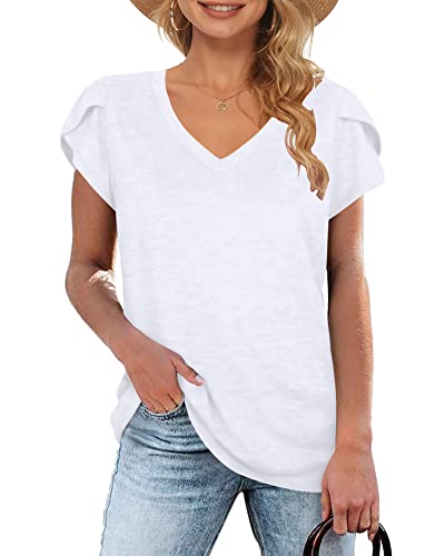 WNEEDU Oberteile Damen Sommer Top V Ausschnitt Basic Kurzarm T Shirt Weiß 2XL von WNEEDU