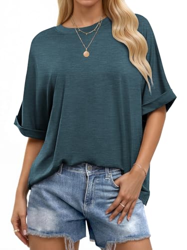 WNEEDU Oversize Shirt Damen Kurzarm Rundhals Oberteile Damen Sommer Basic T-Shirt Locker Top Bluse mit Gekrempelten Ärmeln Dunkelgrün XXL von WNEEDU