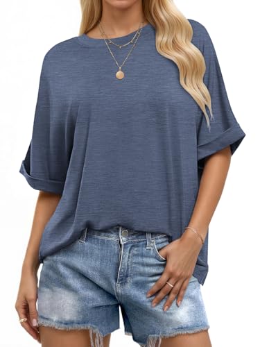 WNEEDU Oversize Shirt Damen Kurzarm Rundhals Oberteile Damen Sommer Basic T-Shirt Locker Top Bluse mit Gekrempelten Ärmeln Graublau XXL von WNEEDU