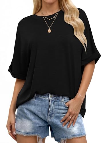 WNEEDU Oversize Shirt Damen Kurzarm Rundhals Oberteile Damen Sommer Basic T-Shirt Locker Top Bluse mit Gekrempelten Ärmeln Schwarz L von WNEEDU