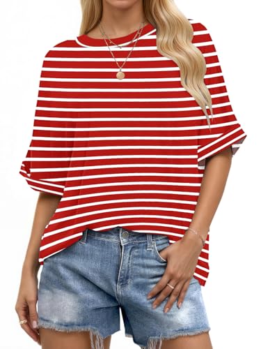 WNEEDU Oversize Shirt Damen Kurzarm Rundhals Oberteile Damen Sommer Basic T-Shirt Locker Top Bluse mit Gekrempelten Ärmeln Schwarz Rot Weiß Streifen M von WNEEDU