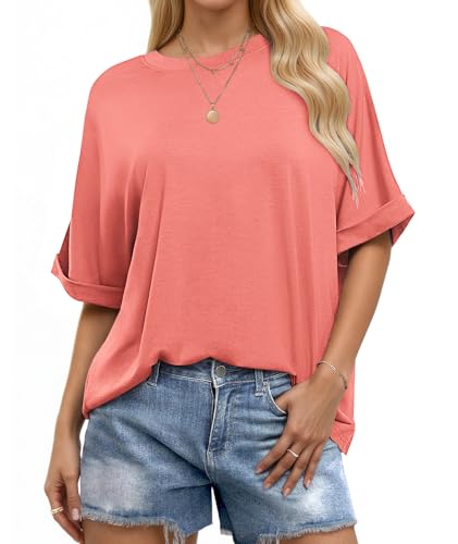 WNEEDU Oversize Shirt Damen Kurzarm Rundhals Oberteile Damen Sommer Basic T-Shirt Locker Top Bluse mit Gekrempelten Ärmeln Wassermelone Rot S von WNEEDU
