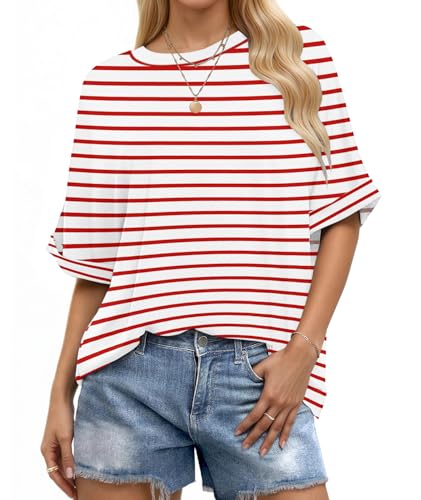 WNEEDU Oversize Shirt Damen Kurzarm Rundhals Oberteile Damen Sommer Basic T-Shirt Locker Top Bluse mit Gekrempelten Ärmeln Weiß Rot Streifen XXL von WNEEDU