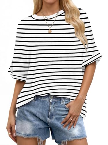 WNEEDU Oversize Shirt Damen Kurzarm Rundhals Oberteile Damen Sommer Basic T-Shirt Locker Top Bluse mit Gekrempelten Ärmeln Weiße Schwarz Streifen 3XL von WNEEDU