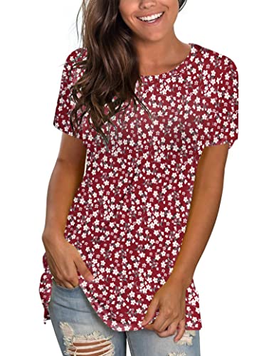 WNEEDU Oversize T Shirt Basic Top Oberteile Damen Sommer Rote Blumen 3XL von WNEEDU