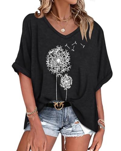 WNEEDU Oversize T-Shirt Damen Sommer V Ausschnitt Top Damen Kurzarm Oberteile Sommer Bluse Shirt Locker Leicht und Luftig Schwarz Weißer Löwenzahn XL von WNEEDU