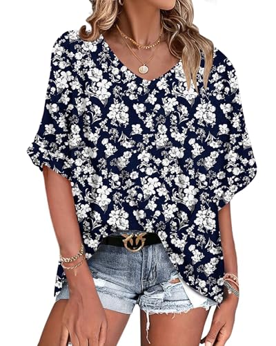 WNEEDU Oversize T-Shirt Damen Sommer V Ausschnitt Top Damen Kurzarm Oberteile Sommer Bluse Shirt Locker Leicht und Luftig Sechsblättrige Blume Blau XL Sechsblättrige Blume Blau XL von WNEEDU