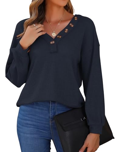 WNEEDU Pullover Damen Blusen Langarm V-Ausschnitt Shirts Lässige Waffelstrick Tops Tunika Oberteile mit Dekorative Knöpfe Marineblau 2XL von WNEEDU