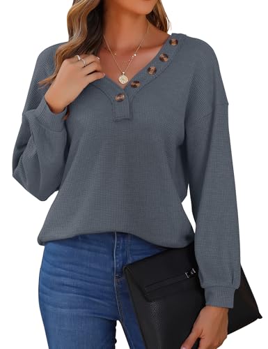 WNEEDU Pullover Damen Blusen Langarm V-Ausschnitt Shirts Lässige Waffelstrick Tops Tunika Oberteile mit Dekorative Knöpfe Purpurgrau L von WNEEDU