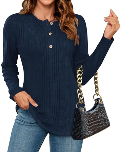 WNEEDU Pullover Damen Elegant Damen Langarmshirt Herbst Winter Pulli Lässige Sweatshirt mit Knöpfen Henley Shirt Tunika Tops Oberteile Marineblau 2XL von WNEEDU