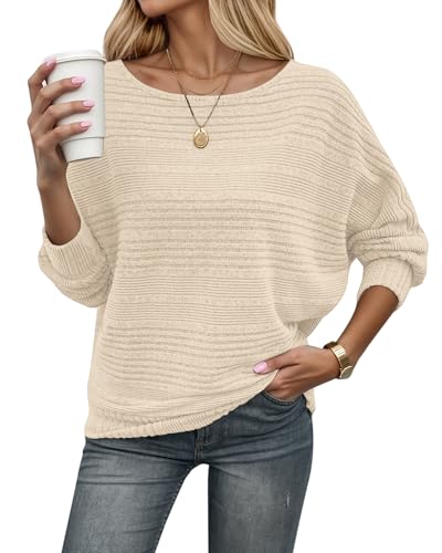 WNEEDU Strickpullover Damen Herbst Dünne Fledermausärmel Geripptes Pullover Langarm Schiffskragen Locker Pulli Sweater Langarmshirt Sweatshirt Kuschlig Weich Lässig Flaches Apricot XL von WNEEDU