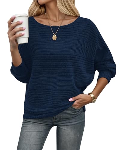 WNEEDU Strickpullover Damen Herbst Dünne Fledermausärmel Geripptes Pullover Langarm Schiffskragen Locker Pulli Sweater Langarmshirt Sweatshirt Kuschlig Weich Lässig Marineblau M von WNEEDU