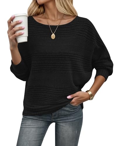 WNEEDU Strickpullover Damen Herbst Dünne Fledermausärmel Geripptes Pullover Langarm Schiffskragen Locker Pulli Sweater Langarmshirt Sweatshirt Kuschlig Weich Lässig Schwarz 2XL von WNEEDU