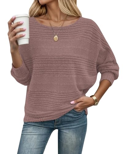 WNEEDU Strickpullover Damen Herbst Dünne Fledermausärmel Geripptes Pullover Langarm Schiffskragen Locker Pulli Sweater Langarmshirt Sweatshirt Kuschlig Weich Lässig Russischrot S von WNEEDU