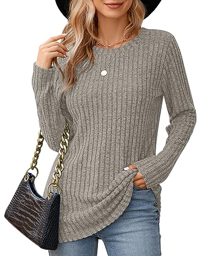 WNEEDU Pullover Damen Langarm Tops Rundhalsausschnitt Casual Shirts Weiches Leichtgewicht Tunika Sweatshirt Aprikose L von WNEEDU