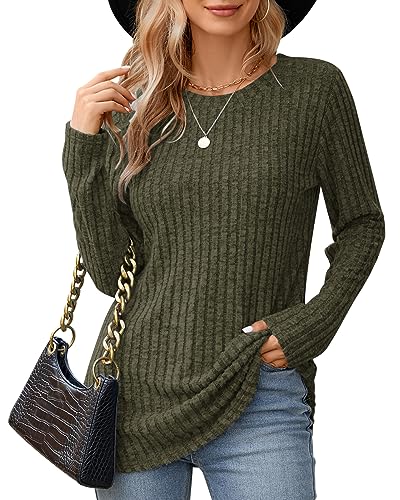 WNEEDU Pullover Damen Langarm Tops Rundhalsausschnitt Casual Shirts Weiches Leichtgewicht Tunika Sweatshirt Armeegrün L von WNEEDU