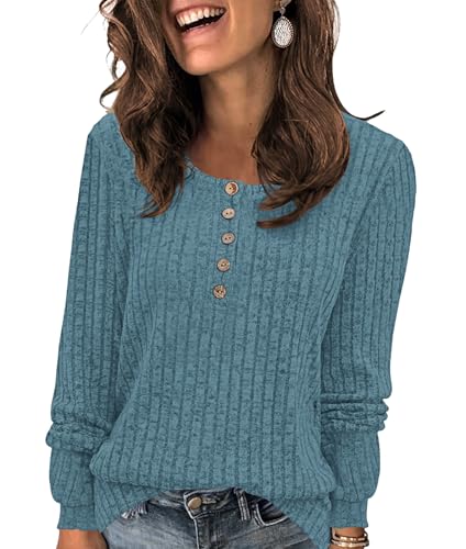 WNEEDU Pullover Damen Leichte Langarmshirt Damen Einfarbige Sweatshirts Strickpullover Lässige Oberteile Tunika mit Knöpfen Blau L von WNEEDU