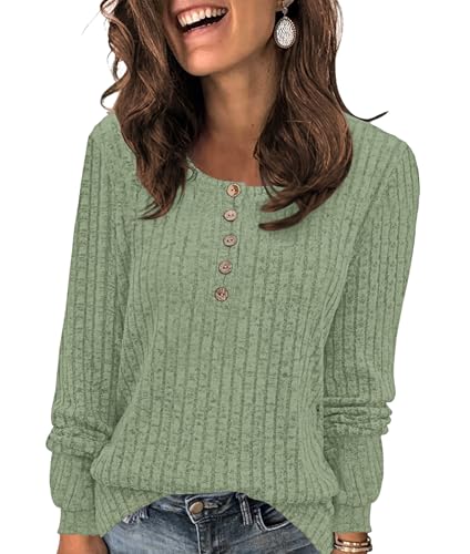 WNEEDU Pullover Damen Leichte Langarmshirt Damen Einfarbige Sweatshirts Strickpullover Lässige Oberteile Tunika mit Knöpfen Erbsengrün M von WNEEDU