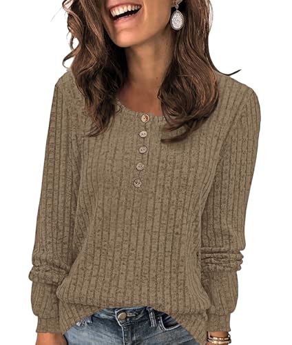 WNEEDU Pullover Damen Leichte Langarmshirt Damen Einfarbige Sweatshirts Strickpullover Lässige Oberteile Tunika mit Knöpfen Hellbraun M von WNEEDU