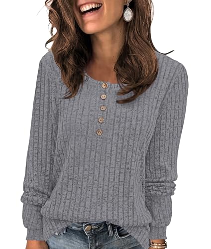 WNEEDU Pullover Damen Leichte Langarmshirt Damen Einfarbige Sweatshirts Strickpullover Lässige Oberteile Tunika mit Knöpfen Hellgrau L von WNEEDU
