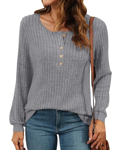 WNEEDU Pullover Damen Leichte Langarmshirt Damen Einfarbige Sweatshirts Strickpullover Lässige Oberteile Tunika mit Knöpfen Hellgrau S von WNEEDU