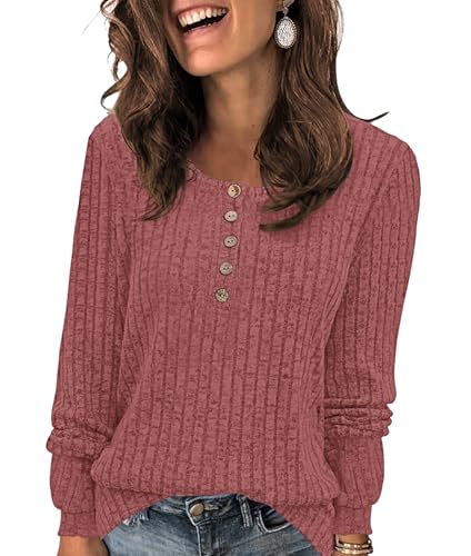 WNEEDU Pullover Damen Leichte Langarmshirt Damen Einfarbige Sweatshirts Strickpullover Lässige Oberteile Tunika mit Knöpfen Rot L von WNEEDU