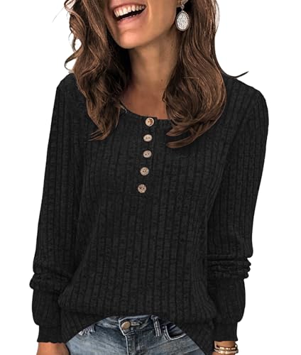 WNEEDU Pullover Damen Leichte Langarmshirt Damen Einfarbige Sweatshirts Strickpullover Lässige Oberteile Tunika mit Knöpfen Schwarz 3XL von WNEEDU